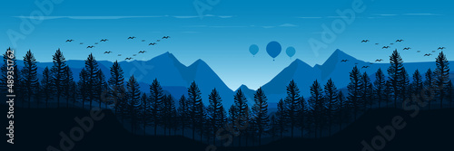 sunrise mountain with forest silhouette flat design vector banner template good for web banner, ads banner, tourism banner, wallpaper, background template, and adventure design backdrop