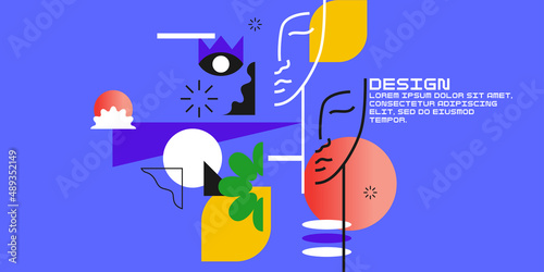 Modern geometric composition of various shapes.Background in the trend chart. Portrait of a young girl.