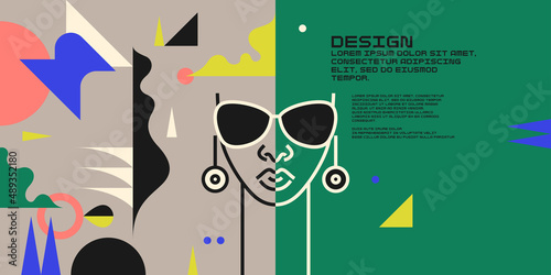 Modern geometric composition of various shapes.Background in the trend chart. Portrait of a young girl.