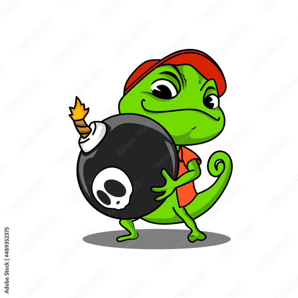 Illustration of a green chameleon carrying a skull bomb Illustration of a green chameleon carrying a skull bomb