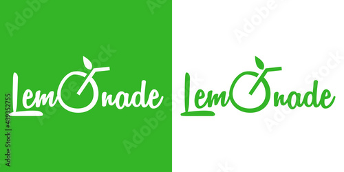 Logo Juice bar. Banner con caligrafía Lemonade con letra O con forma de bebida de limón en fondo verde y fondo blanco