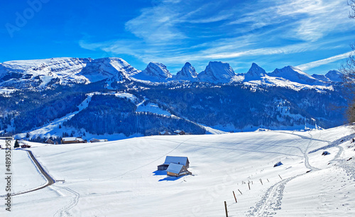 Snowy peaks of the Swiss alpine mountain range Churfirsten (Churfürsten or Churfuersten) in the Appenzell Alps massif - Alt St. Johann, Switzerland (Schweiz) photo