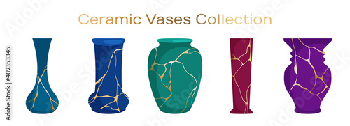 Ceramic vases for flower bouquets vector collection. Home decor interior objects illustration..