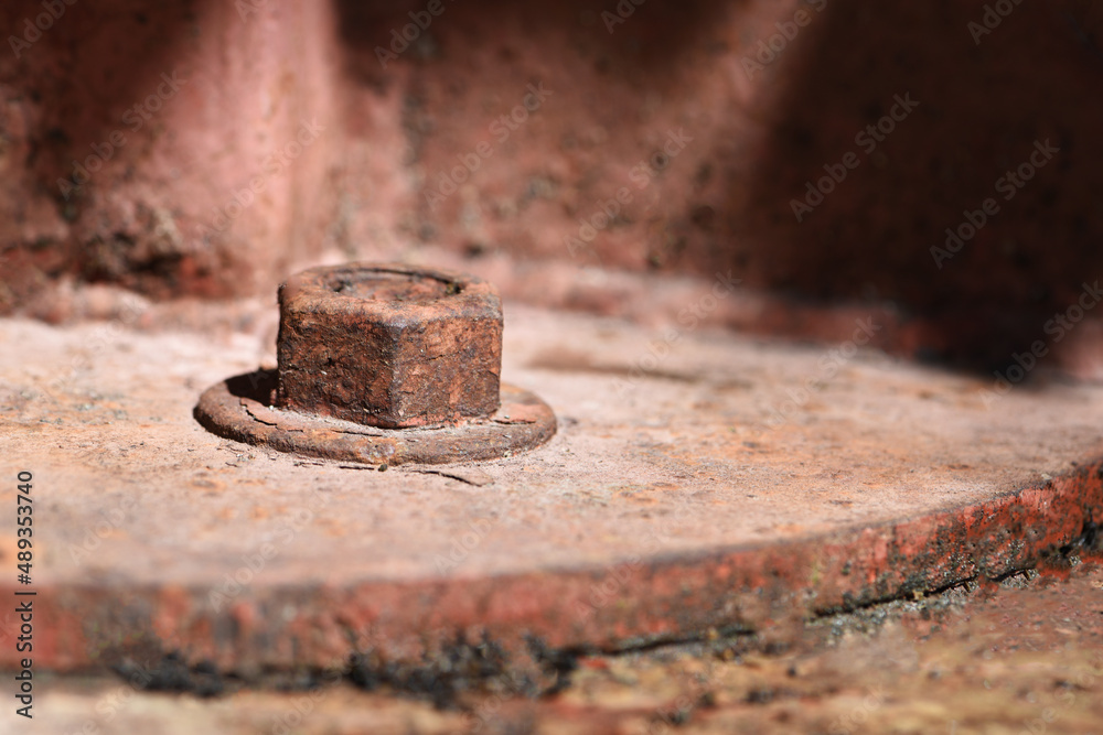 rusty nut and washer on steel structure . corrosion of steel rusty nut and washer on steel structure . corrosion of steel