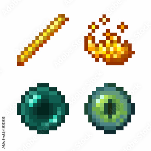 Set of Patterns of pixel objects. The concept of game weapons and items. Pixel pickaxe, sword, diamond, bread, iron, golden apple. Vector illustration EPS 10. © Artem