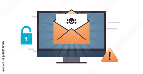 Concept of cyber crime and computer show malwre screen that comes with email flat vector illustration. 