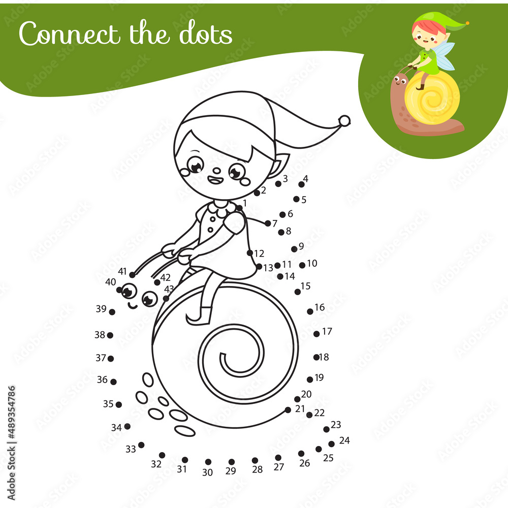 Cute garden fairy elf on snail. Connect the dots Children educational ...