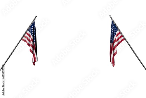 nice any holiday flag 3d illustration. - two USA flags hanging on in corner poles from two sides isolated on white