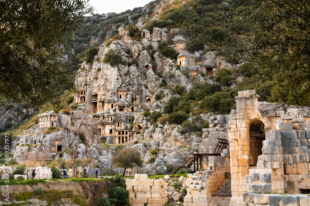 Ancient ruins of Myrna city with rock tombs