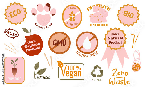 Sustainability icons and symbols set. Eco Bio Vegan Zero waste.