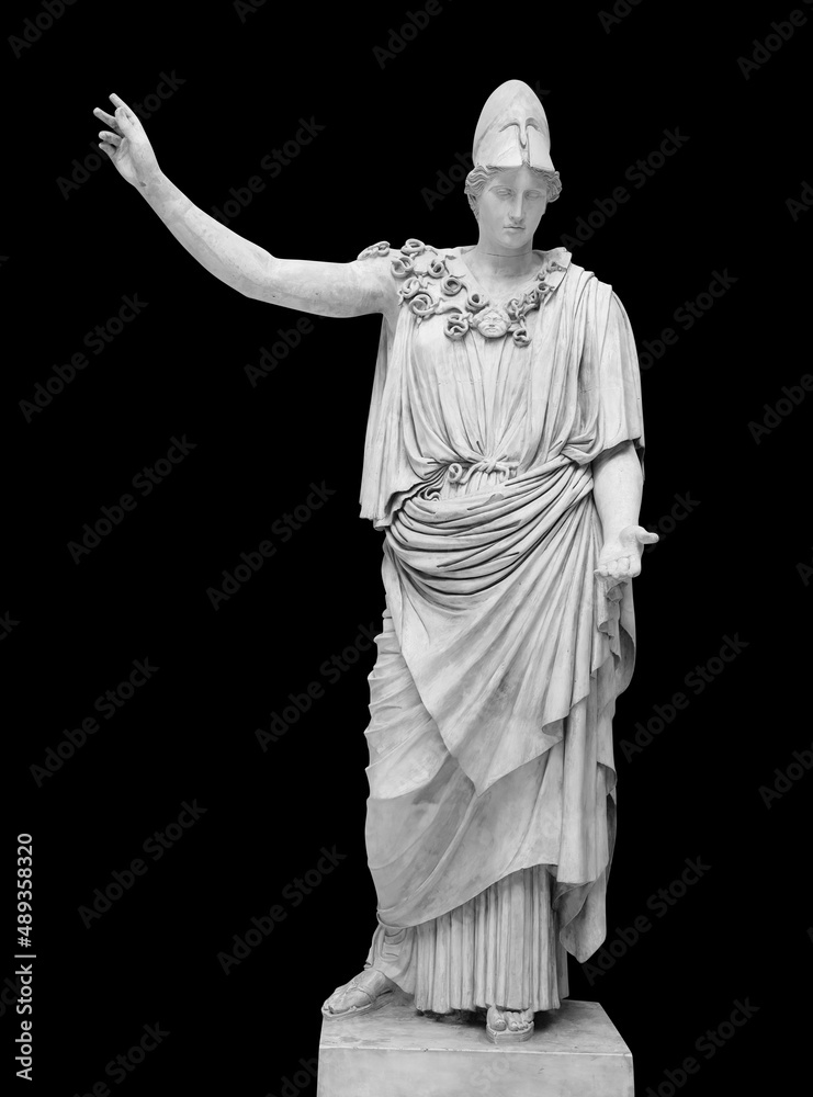 Ancient Greek Roman statue of goddess Athena god of wisdom and the arts historical sculpture isolated on black with clipping path