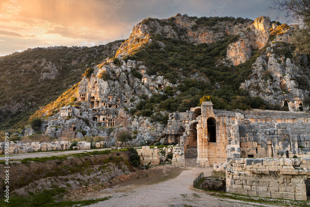 Naklejka premium Ancient ruins of Myrna city with rock tombs