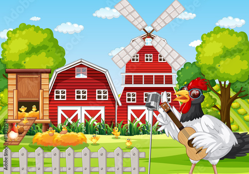 Farm scene with a chicken singing guitar