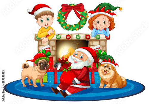 Santa Claus sitting in front fireplace with children and dogs