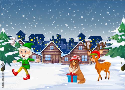 Snowy night scene with Christmas cartoon characters