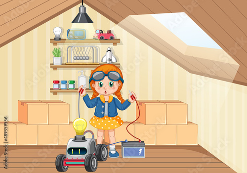 A girl repairing a robot together in the room scene