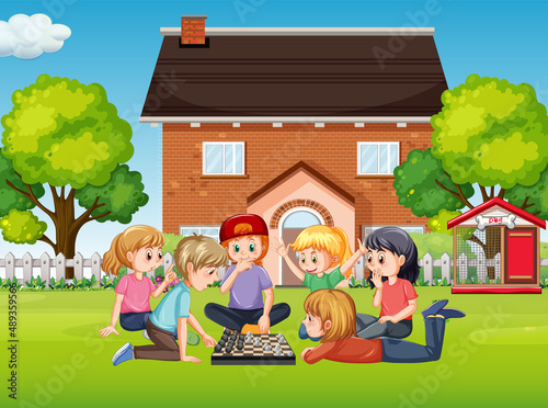 Children playing games outside the house