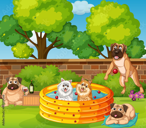 Five dogs playing in the garden