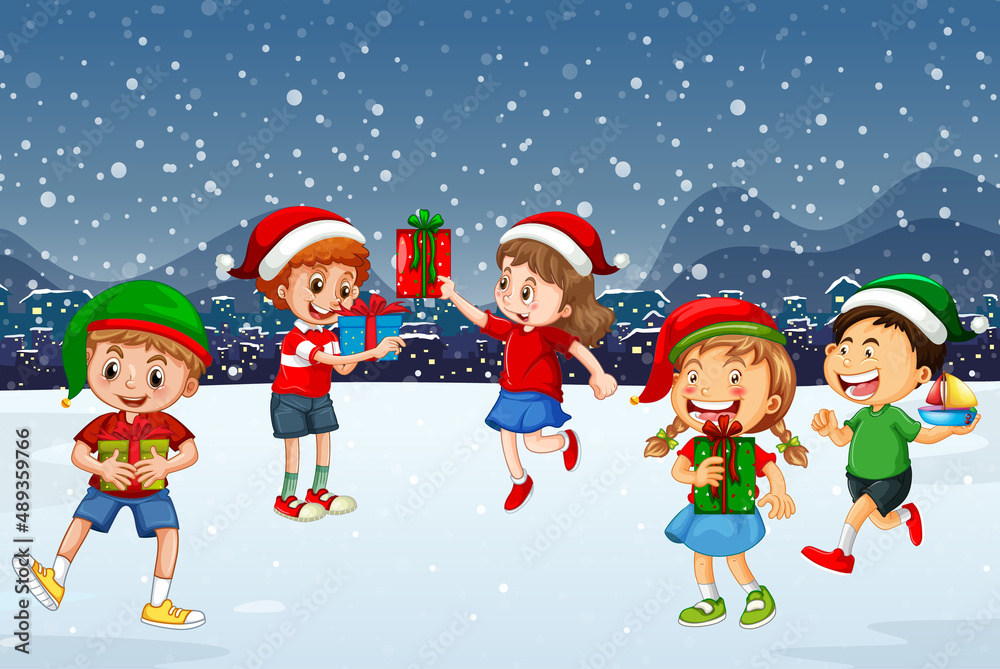 Snowy night scene with Christmas cartoon characters