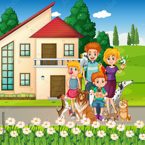 Outdoor scene with happy family and dogs