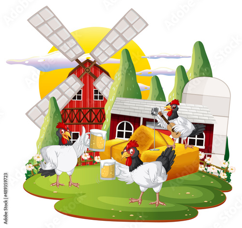 An isolated scene with a group of chickens in cartoon style
