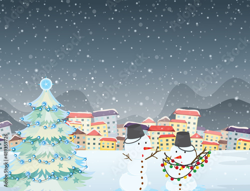 Snowy winter night in a town at night