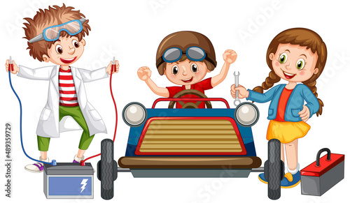 Children repairing a car together