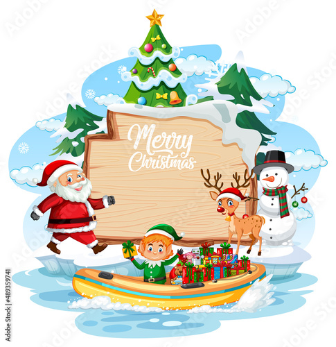Empty banner with Christmas elves delivering gifts by a boat
