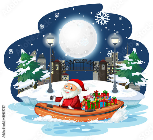 Snowy night with Santa Claus on a boat