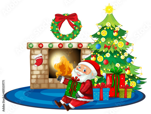 Santa Claus sitting front fireplace with many gift boxes