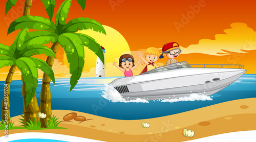 Ocean wave scenery with children on a boat