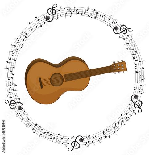A guitar with musical notes on white background