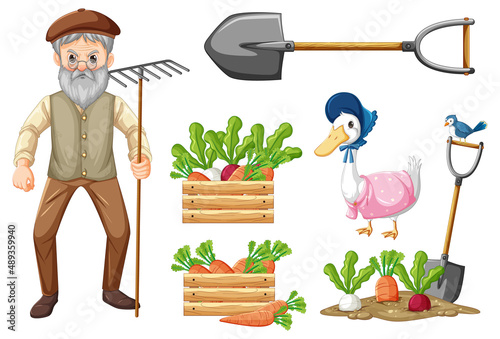 Set of farm animals and farmer cartoon character