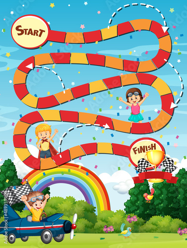 Snake and ladders game template with children characters