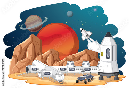 Isolated landscape of planet surface with colony buildings