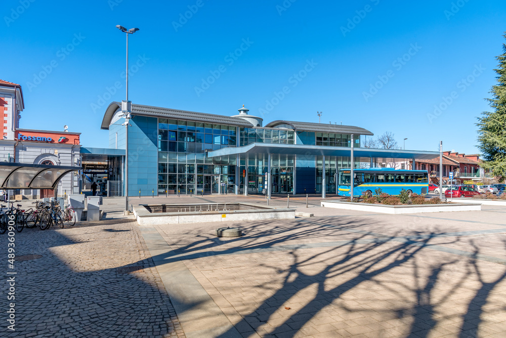 Fossano, Italy - February 22, 2022: Movicentro Fossano, it is the modern railway and bus station in Piazza Kennedy