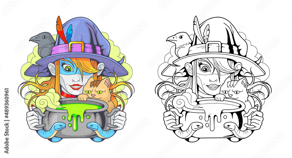 cartoon fairy tale witch, funny illustration design