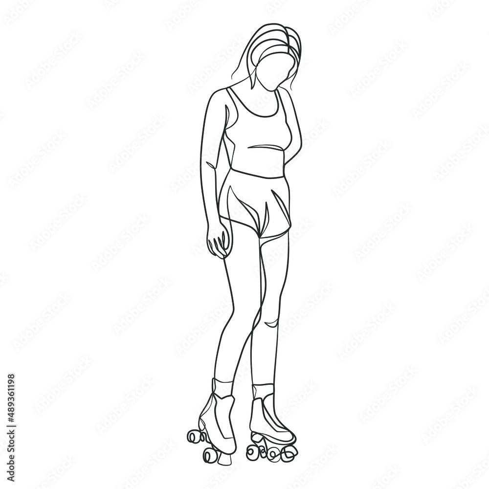 Fototapeta premium Continuous line drawing of girl on rollers