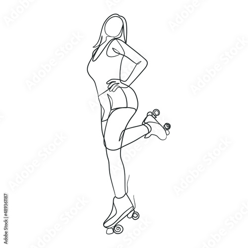 Continuous line drawing of girl on rollers