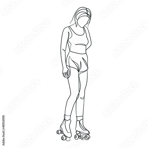 Fototapeta Naklejka Na Ścianę i Meble -  Continuous line drawing of girl on rollers