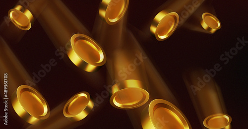 flying ringing gold coins on a dark background. money flow, golden money rain transparent background. monetary energy