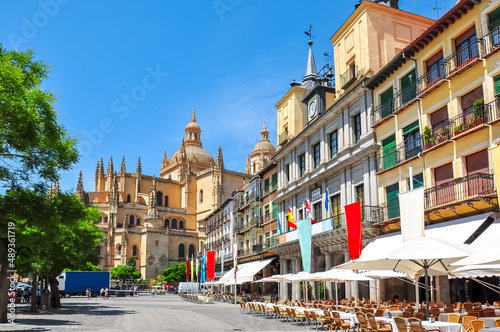 Segovia old town streets with Segovia Cathedral at background, Spain