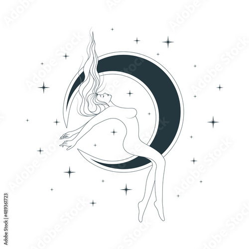 A beautiful woman sitting on the moon among the stars. Magic theme, goddess symbol. Celestial vector illustration, women line art.