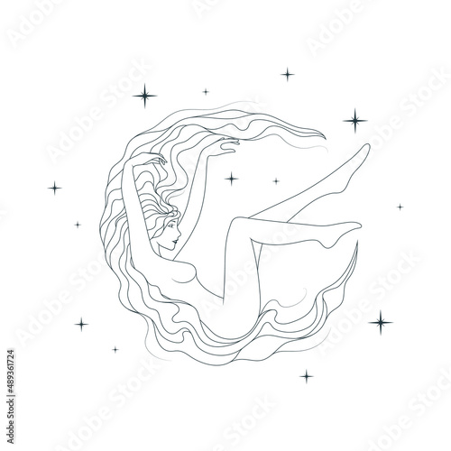 A beautiful goddess  on the starry sky background. Esoteric theme, magic symbol. Celestial vector illustration, women line art.