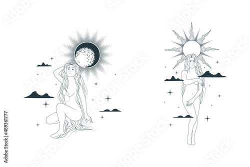 Celestial women vector boho illustrations. Set of goddesses against the backdrop of the starry sky, solar eclipse, clouds and the sun. Line art elements for feminine esoteric card, tattoo or poster.