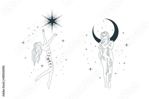Celestial women line art vector set. Cosmic goddesses against the background of the starry sky and the moon. Esoteric hand drawn illustrations for greeting cards, posters and chic tattoos.