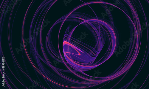Dynamic motion of purple violet spiral in dark deep 3d space. Concept of sound wave, vibration, rhythm, electronic music. Great as cover print for electronics, design artistic element, poster.
