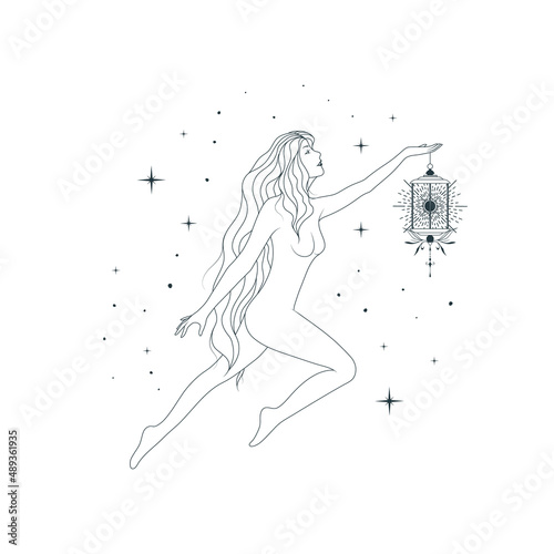 Celestial goddess holds in her hands a cage with a luminous star against the background of the starry sky. Vector illustration of feminine art for greeting cards, posters and chic tattoos.
