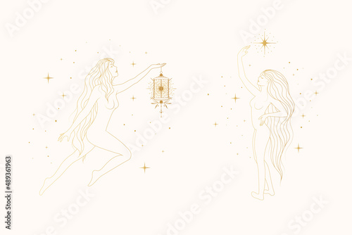 Celestial women line art golden vector set. Cosmic goddesses against the background of the starry sky. Esoteric hand drawn illustrations for greeting cards, posters and chic tattoos.