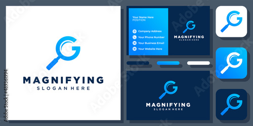 Initial Letter G Magnifying Glass Magnify Tool Magnifier Search Vector Logo Design with Business Card